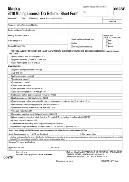 Form 662sf - 2010 Mining License Tax Return - Short Form Printable pdf