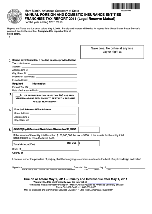 Annual Foreign And Domestic Insurance Entities Franchise Tax Report 2011 (Legal Reserve Mutual) Form Printable pdf