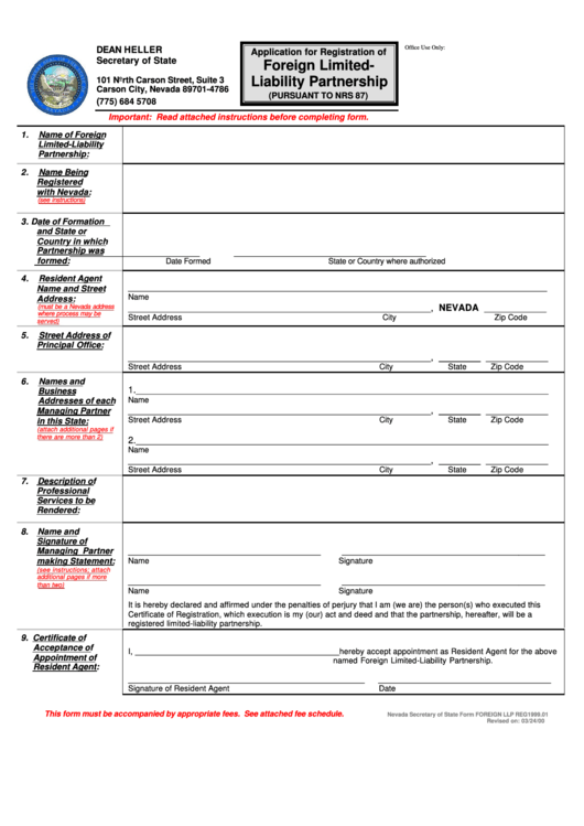 Form Foreign Llp Reg1999.01 - Application For Registration Of Foreign Limited Liability Partnership - 2000 Printable pdf