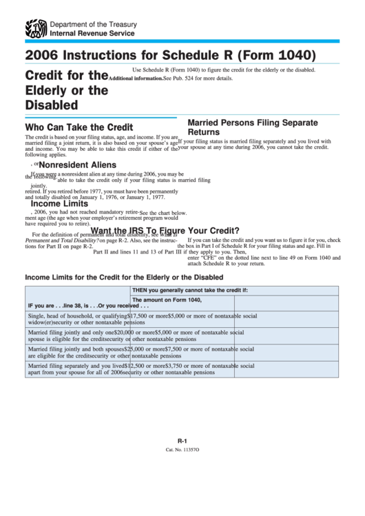 2006 Instructions For Schedule R (Form 1040) - Credit For The Elderly Or The Disabled Printable pdf