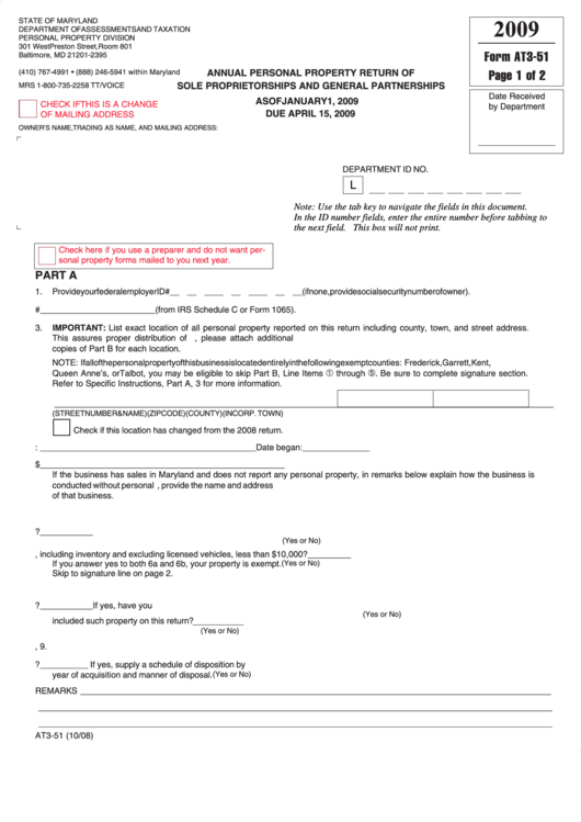 Fillable Form At3-51 - Annual Personal Property Return Of Sole Proprietorships And General Partnerships - 2009 Printable pdf