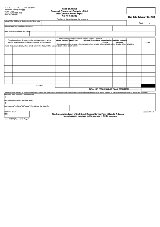 Form 04-844 - Operator Quarterly Report - 2010 printable pdf download