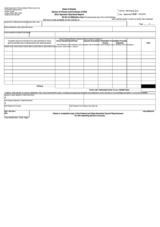 Form 04-843 - Operator Quarterly Report - 2011 Printable pdf