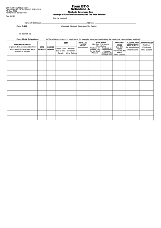 Form Bt-5 - Schedule A - Receipt Of Tax Free Purchases And Tax Free Returns - 2001 Printable pdf