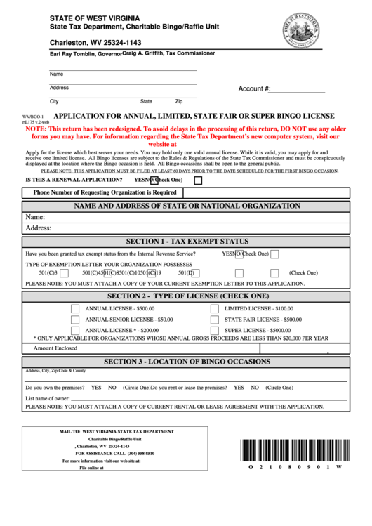 Application For Annual, Limited, State Fair Or Super Bingo License Printable pdf