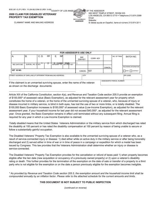 Fillable Form Boe 261 G Claim For Disabled Veterans Property Tax