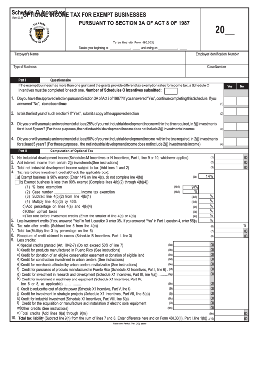 Schedule O Incentives - Optional Income Tax Form For Exempt Businesses Pursuant To Section 3a Of Act 8 Of 1987 - 2011 Printable pdf