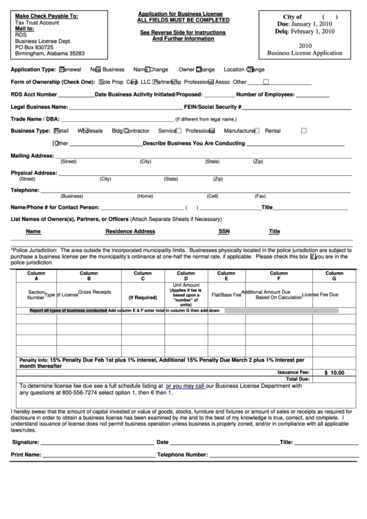 Application For Business License Form - Birmingham - Alabama Printable pdf