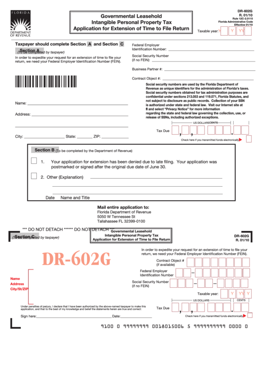 Form Dr-602g - Governmental Leasehold Intangible Personal Property Tax Application For Extension Of Time To File Return - Department Of Revenue - Florida Printable pdf