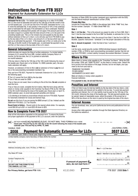 Fillable California Form 3537 (Llc) - Payment For Automatic Extension For Llcs - 2008 Printable pdf