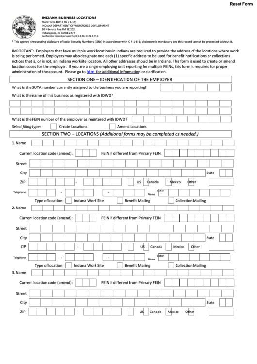 Fillable Form 48812 - Indiana Business Locations - 2015 Printable pdf
