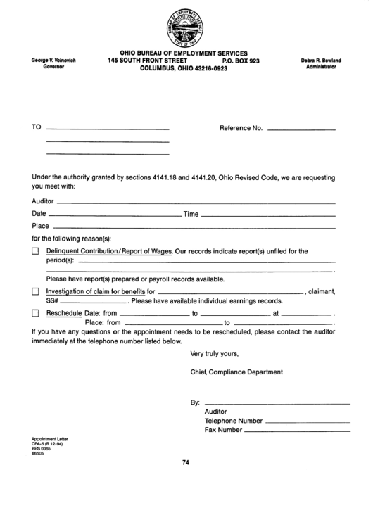 Form Cfa5 - Appointment Letter Printable pdf