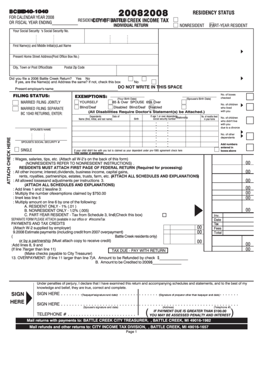 Form Bc-1040 - City Of Battle Creek Income Tax Individual Return - 2008 Printable pdf