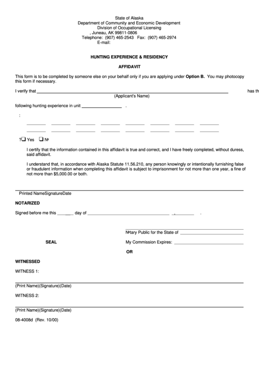 Form 08-4008d - Affidavit - Hunting Experience & Residency - 2000 Printable pdf