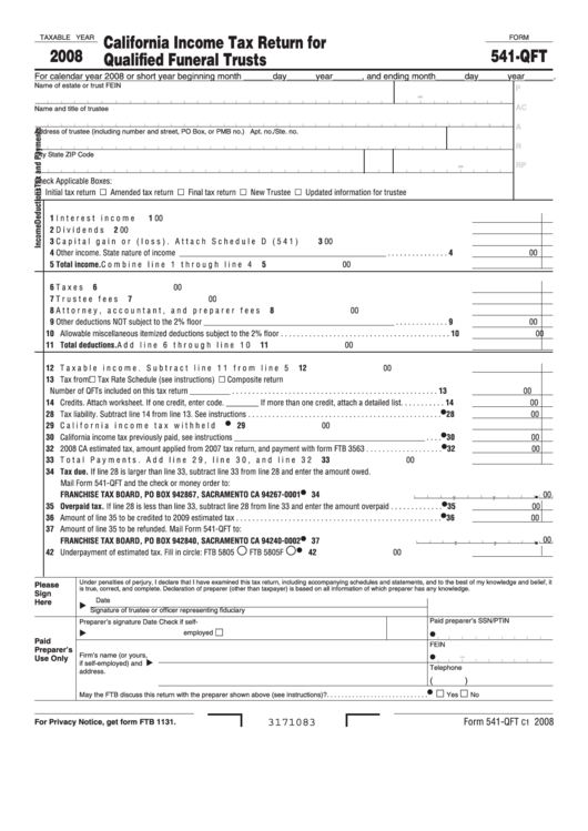 Fillable Form 541-Qft - California Income Tax Return For Qualified Funeral Trusts - 2008 Printable pdf