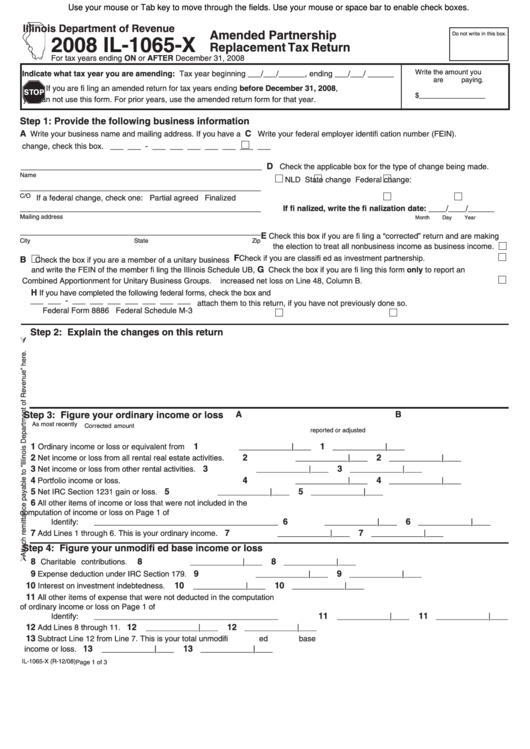 Fillable Form Il-1065-X - Amended Partnership Replacement Tax Return - 2008 Printable pdf