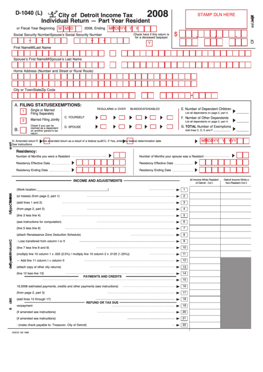 Form D-1040 (L) - City Of Detroit Income Tax Ndividual Return - Part Year Resident - 2008 Printable pdf