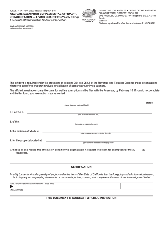 Fillable Form Boe-267-R (P1) - Welfare Exemption Supplemental Affidavit, Rehabilitation - Living Quarters (Yearly Filing) Printable pdf