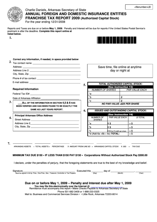 Annual Foreign And Domestic Insurance Entities Franchise Tax Report (Authorized Capital Stock) - Arkansas Secretary Of State - 2009 Printable pdf