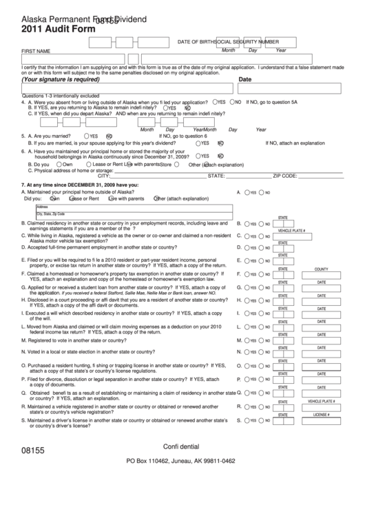 Form 08155 - Audit - Alaska Permanent Fund Dividend - 2011 Printable pdf