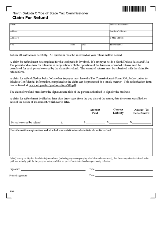 Form 21860 - Claim For Refund Printable pdf
