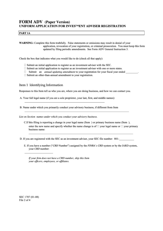 Form Sec 1707 - Uniform Application For Investment Adviser Registration - Securities And Exchange Commission Printable pdf
