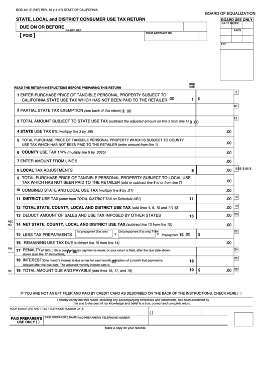 Fillable Form Boe-401-E - State, Local And District Consumer Use Tax Return Printable pdf