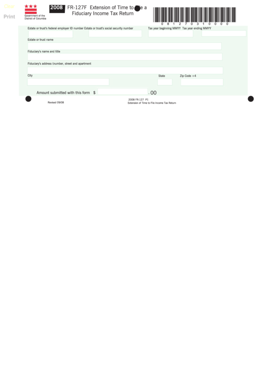 Form Fr-127f - Extension Of Time To File A Fiduciary Income Tax Return - 2008