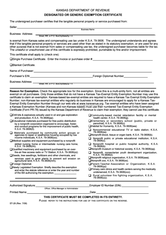 Form St-28 - Designated Generic Exemption Certificate Printable pdf
