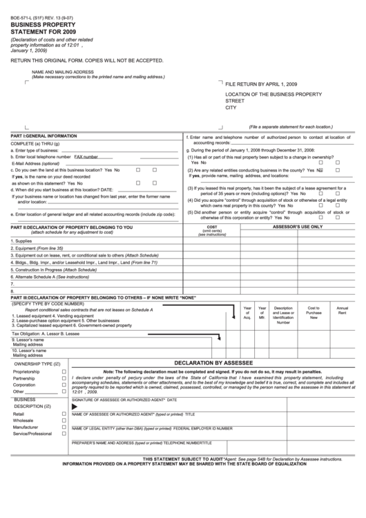 Fillable Form Boe-571-L - Business Property Statement For 2009 Printable pdf