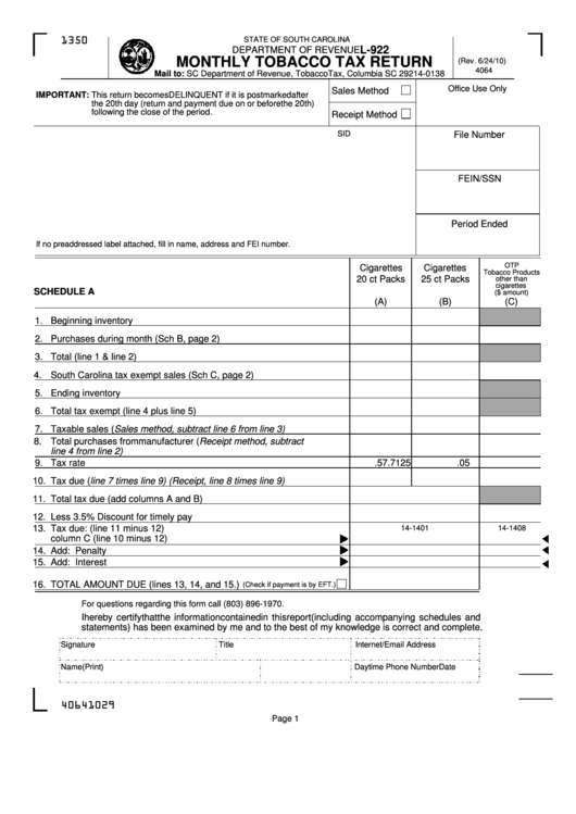 Form L-922 - Monthly Tobacco Tax Return - 2010 Printable pdf
