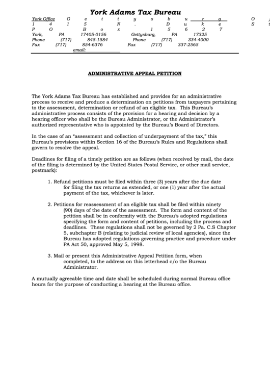 Administrative Appeal Petition Form - York Adams Tax Bureau Printable pdf