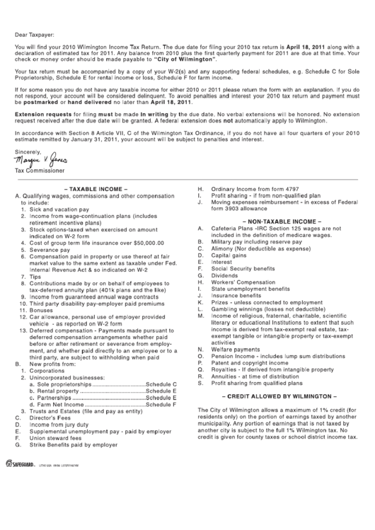 Wilmington Individual Tax Return Instruction 2010 printable pdf download