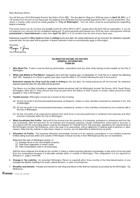 Wilmington Income Tax Return Form Br Instruction - 2010 Printable pdf