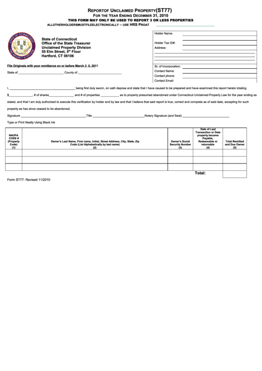 Form St77 - Report Of Unclaimed Property - 2010 Printable pdf