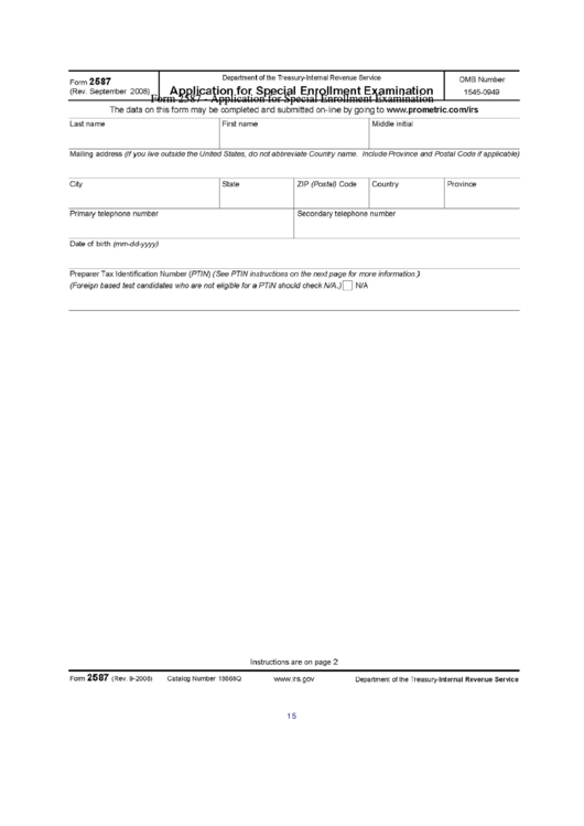 Form 2587 - Application For Special Enrollment Examination Printable pdf