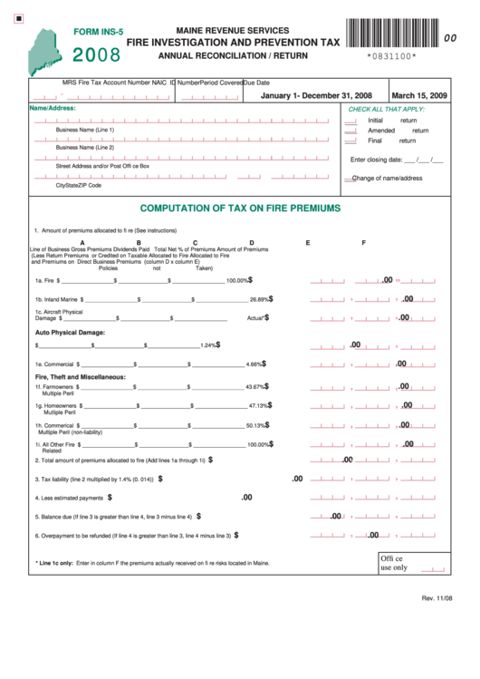 Form Ins-5 - Fire Investigation And Prevention Tax Annual Reconciliation/return - 2008 Printable pdf