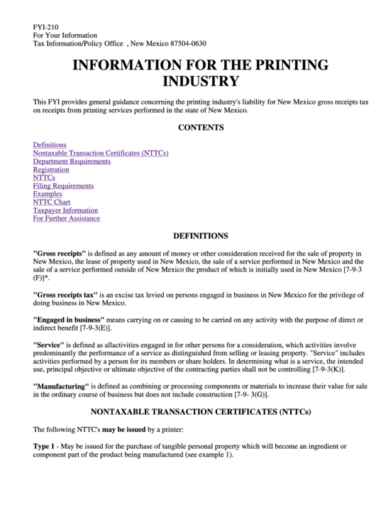 Form Fyi-210 - Information For The Printing Industry Printable pdf
