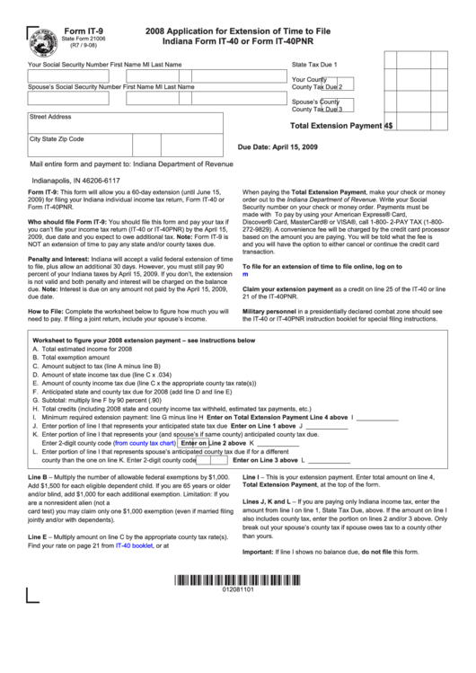Form It-9 - 2008 Application For Extension Of Time To File Indiana Form It-40 Or Form It-40pnr Printable pdf
