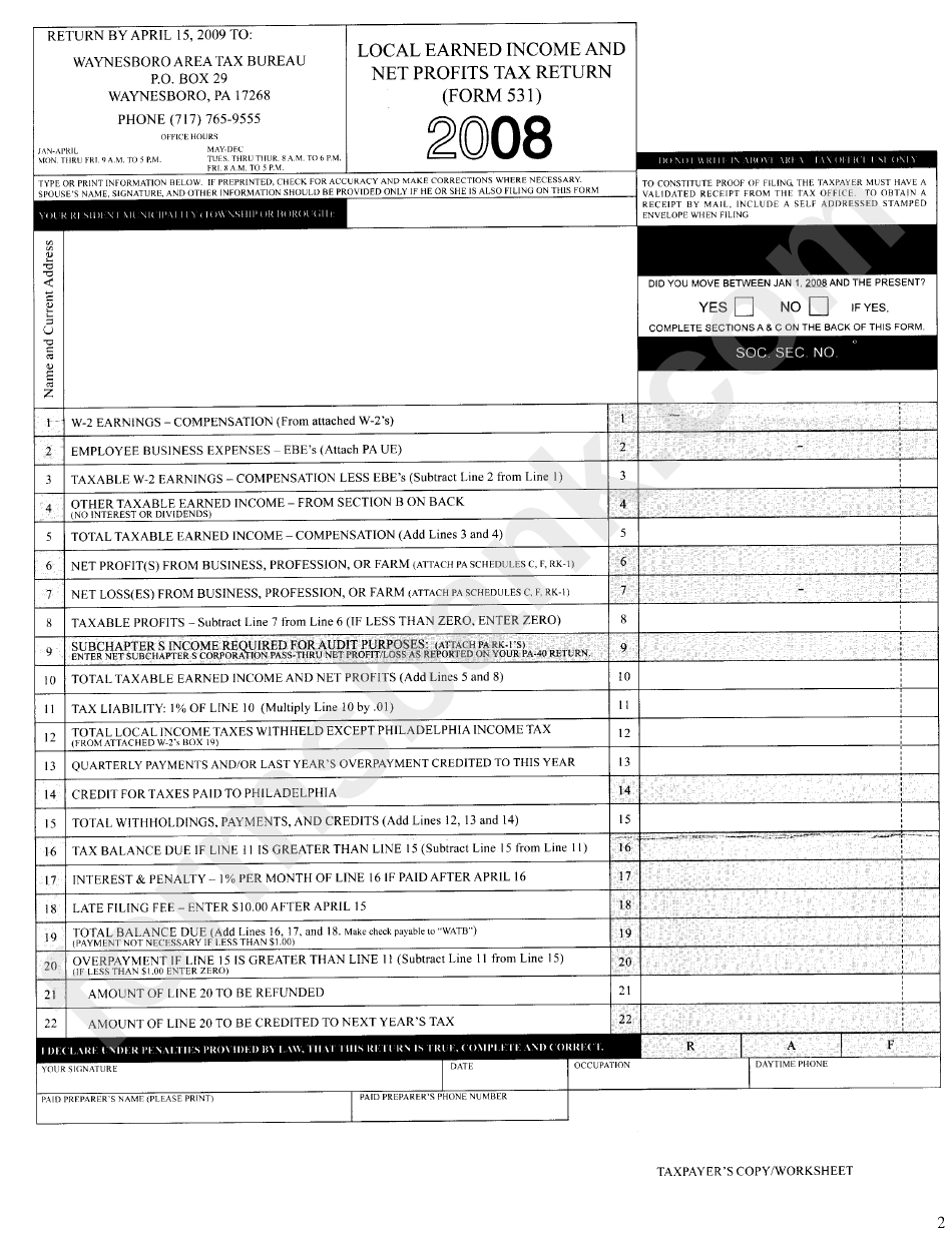 Form 531 - Local Earned Income And Net Profits Tax Return - 2008 - Waynesboro