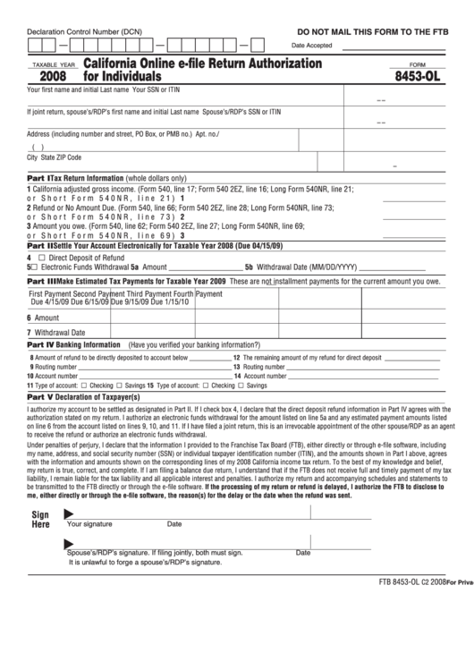 Fillable Form 8453-Ol - California Online E-File Return Authorization For Individuals - 2008 Printable pdf