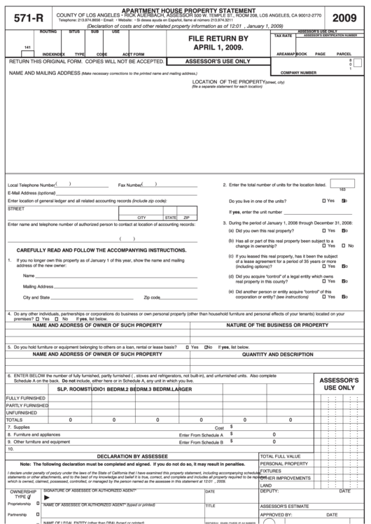 Fillable Form 571-R - Apartment House Property Statement - 2009 Printable pdf