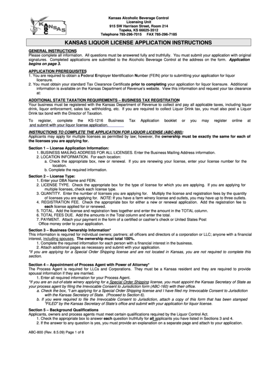 Kansas Liquor License Application Instructions - Kansas Alcoholic Beverage Control Printable pdf