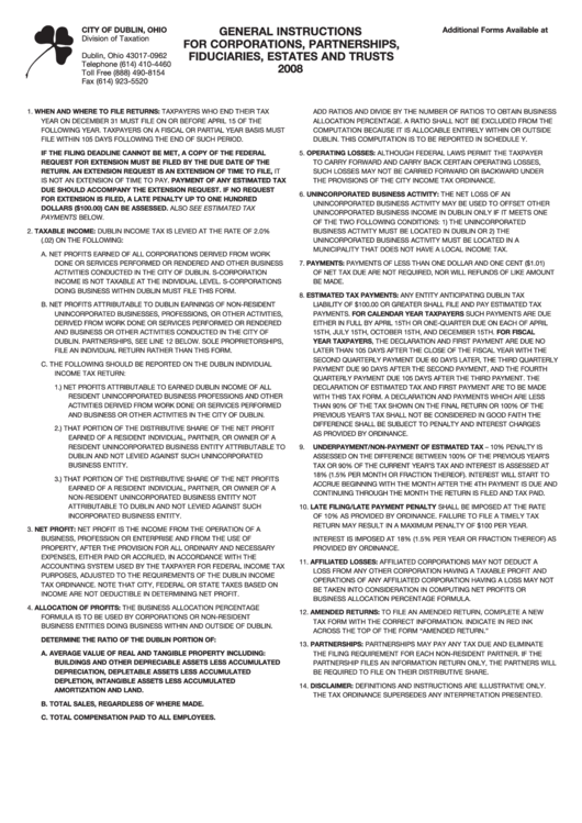 General Instructions For Corporations, Partnerships, Fiduciaries, Estates And Trusts - City Of Dublin, Ohio - 2008, Afti Worksheet Adjusted Federal Taxable Income Printable pdf