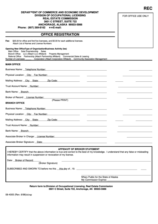 Office Registration Form - Department Of Commerce And Economic Development Division Of Occupational Licensing Printable pdf