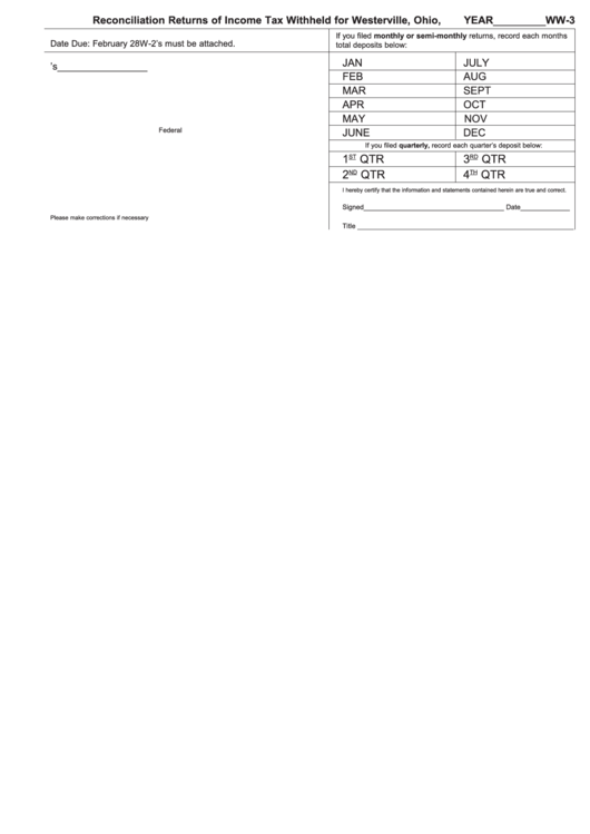 Fillable Form Ww-3 - Reconciliation Returns Of Income Tax Withheld For Westerville Printable pdf