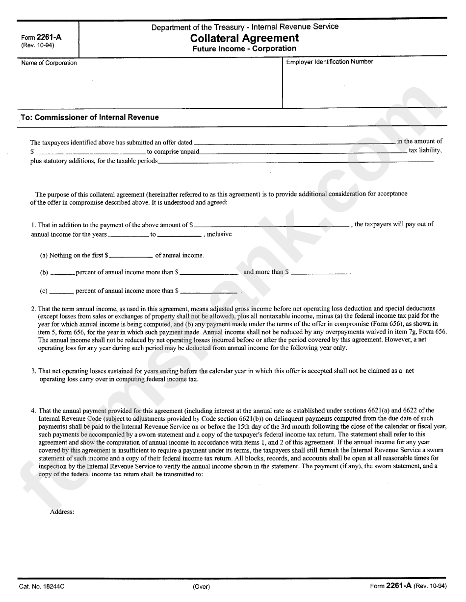 Form 2261-A - Collateral Agreement Future Income - Corporation