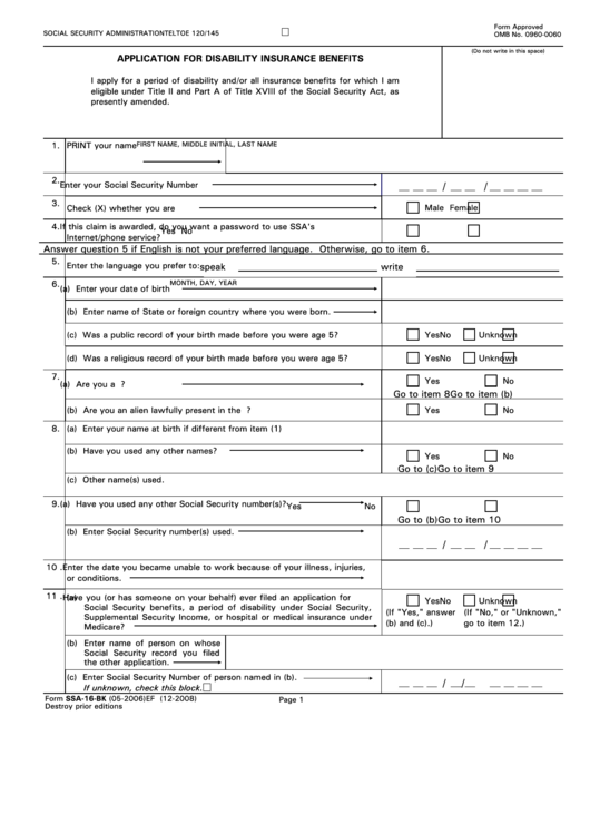 Form Ssa-16-Bk - Application For Disability Insurance Benefits - Social Security Administration Printable pdf