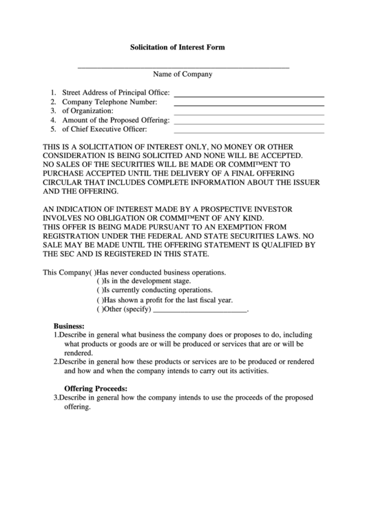 Solicitation Of Interest Form Lined Printable pdf