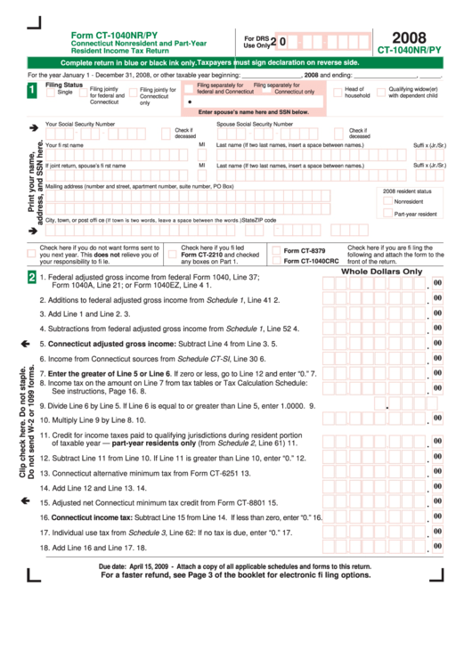 Form Ct-1040nr/py - Connecticut Nonresident And Part-Year Resident Income Tax Return - 2008 Printable pdf
